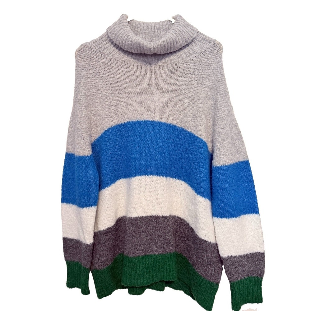 Vince Camuto Women Cowl Neck Striped Knit Pullover Sweater Large Grey Multi